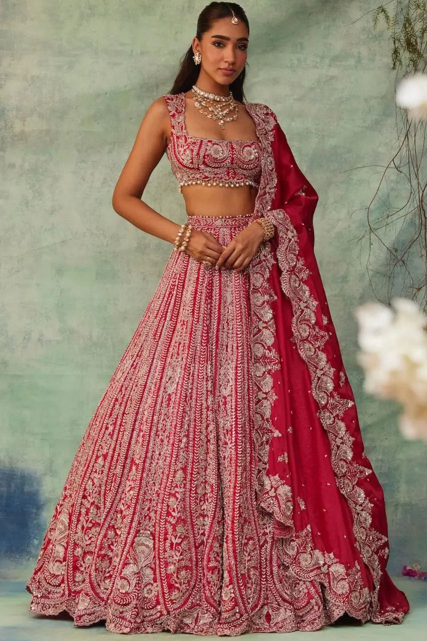 Dark Red Silk Lehenga With Thread Embroidery Coding And Heavy Sequins Work