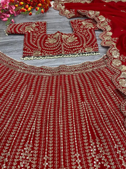 Dark Red Silk Lehenga With Thread Embroidery Coding And Heavy Sequins Work