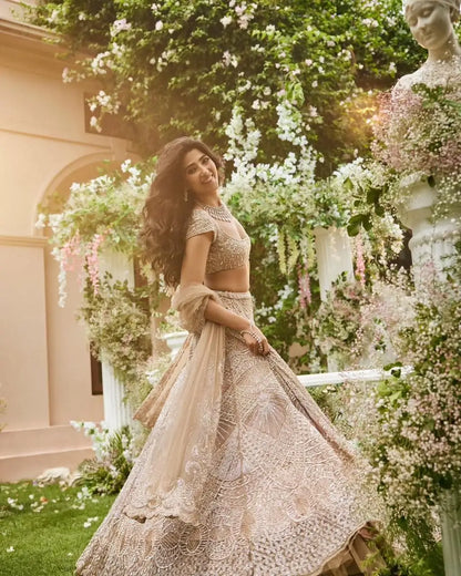 Off White Net Lehenga Embellished With Heavy Sequins And Heavy Dori Work