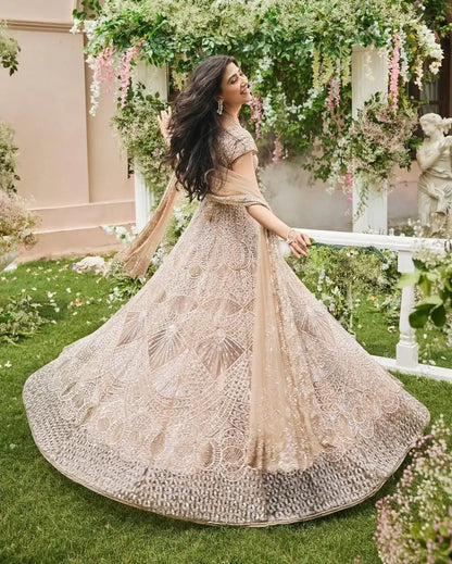 Off White Net Lehenga Embellished With Heavy Sequins And Heavy Dori Work