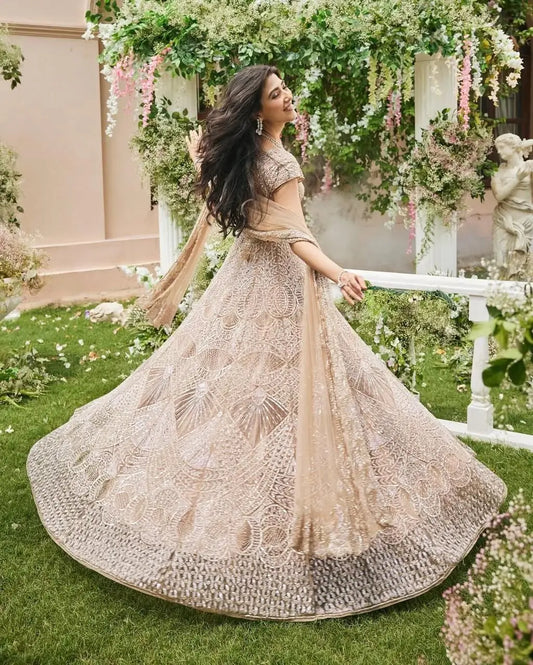 Off White Net Lehenga Embellished With Heavy Sequins And Heavy Dori Work