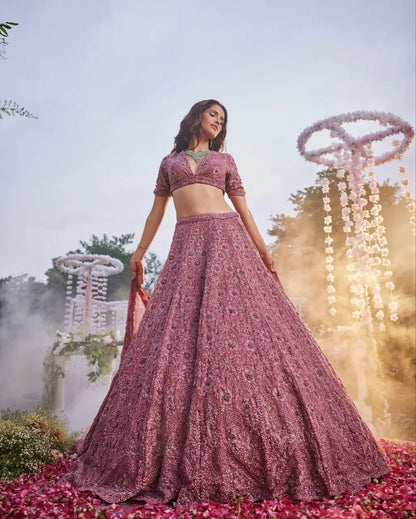 Dark Mauve Lehenga With Heavy Thread Embroidery Glitter Dori And Sequins With Zari Work