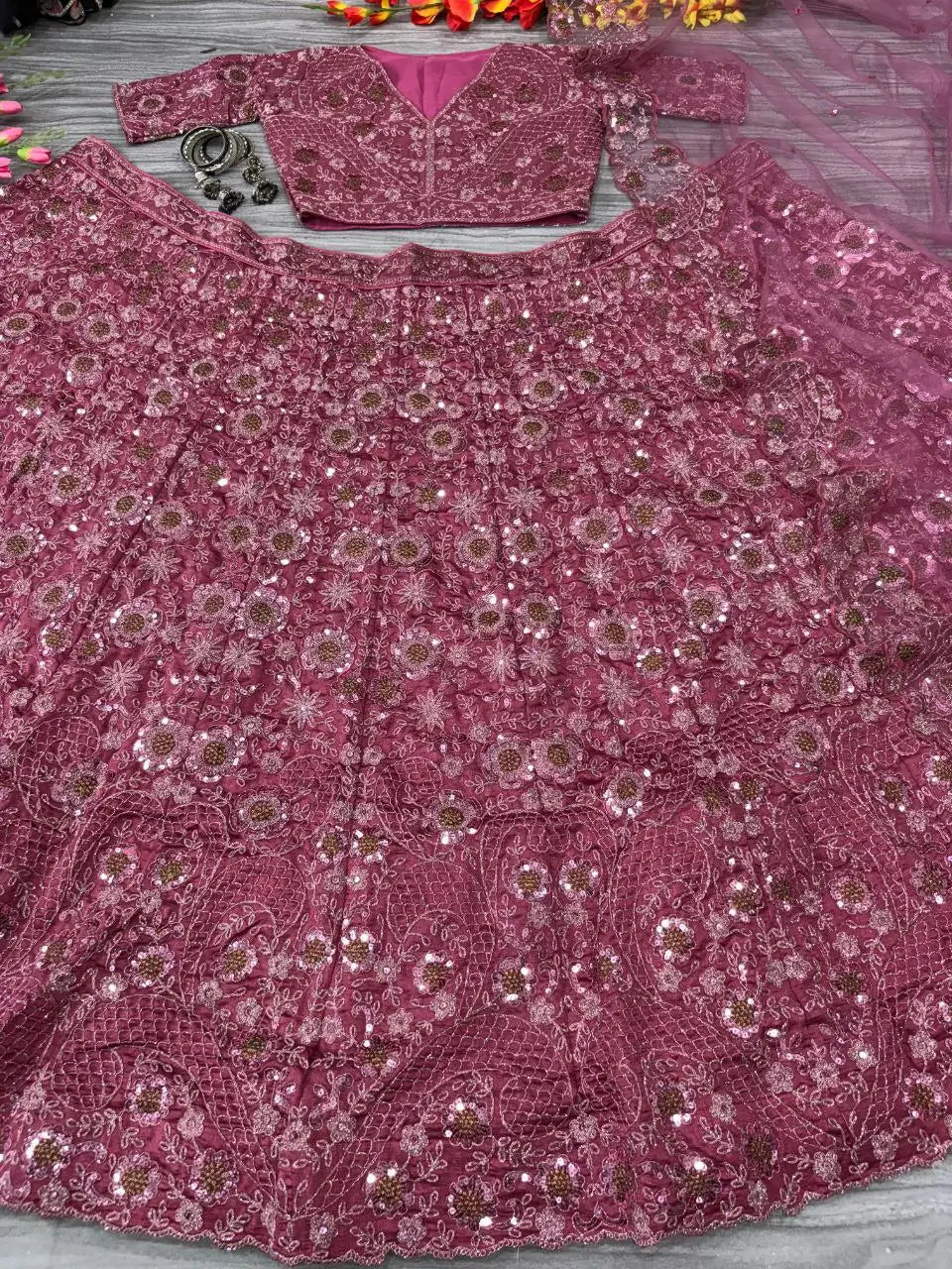Dark Mauve Lehenga With Heavy Thread Embroidery Glitter Dori And Sequins With Zari Work
