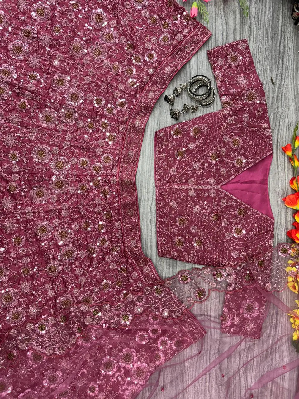 Dark Mauve Lehenga With Heavy Thread Embroidery Glitter Dori And Sequins With Zari Work