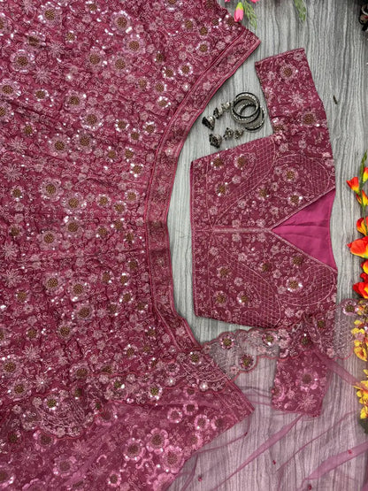 Dark Mauve Lehenga With Heavy Thread Embroidery Glitter Dori And Sequins With Zari Work