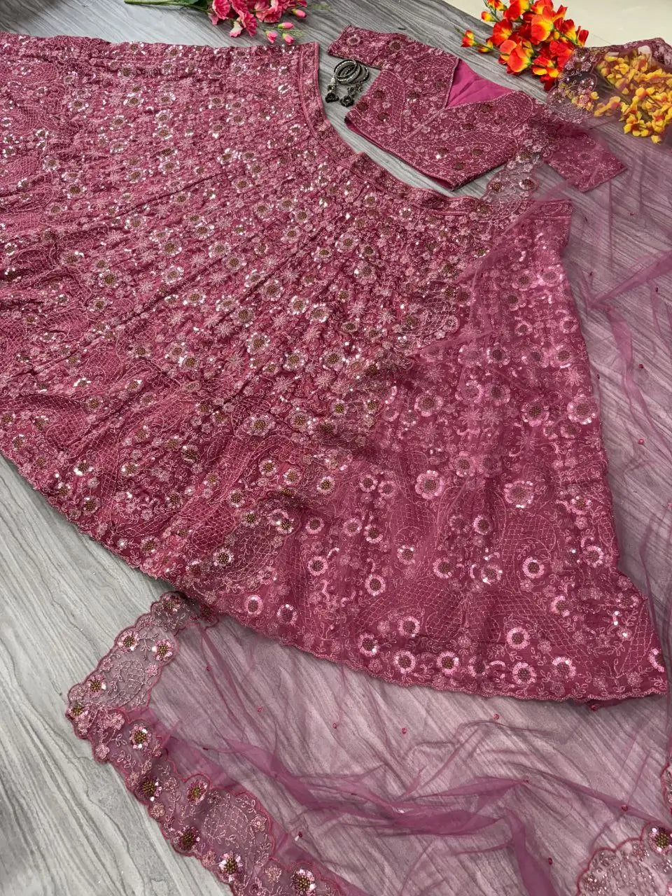 Dark Mauve Lehenga With Heavy Thread Embroidery Glitter Dori And Sequins With Zari Work