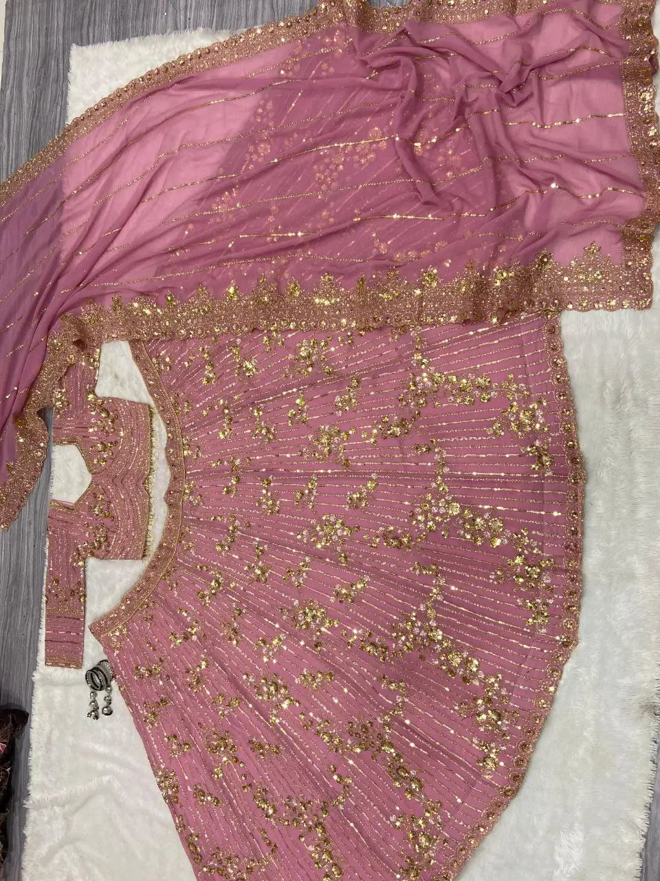 Dark Mauve Pink Georgette Lehenga With Thread Embroidery Dori And Sequins Work