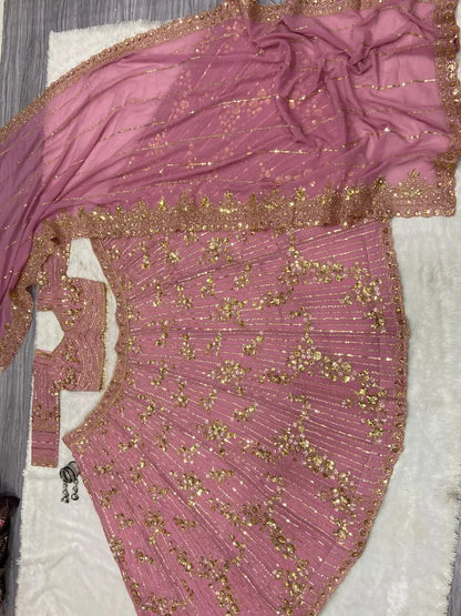 Dark Mauve Pink Georgette Lehenga With Thread Embroidery Dori And Sequins Work