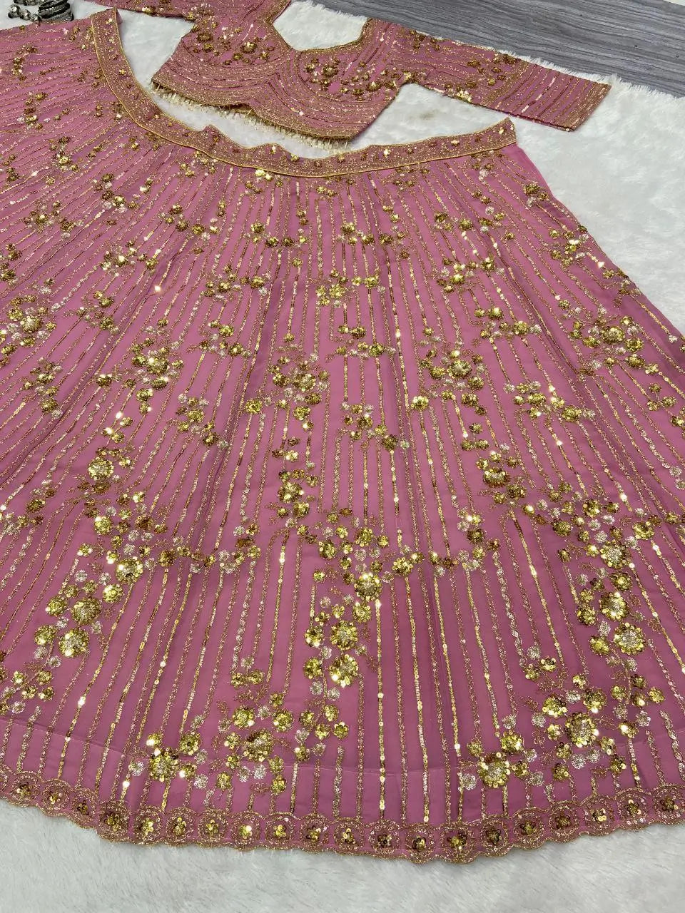 Dark Mauve Pink Georgette Lehenga With Thread Embroidery Dori And Sequins Work