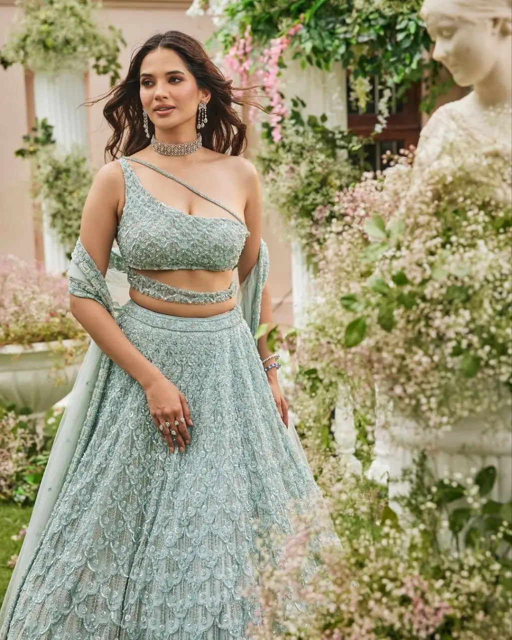 Greyish Teal Blue Net Lehenga With Heavy Embroidery Sequins Work Coding Work