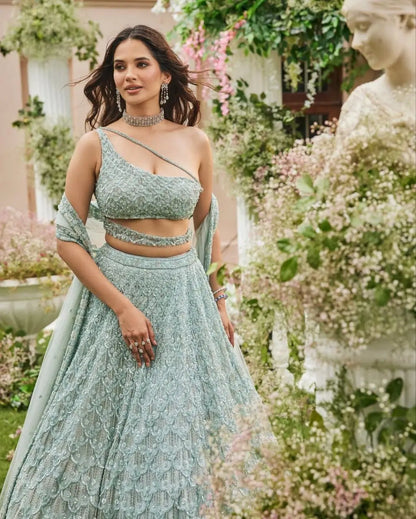Greyish Teal Blue Net Lehenga With Heavy Embroidery Sequins Work Coding Work