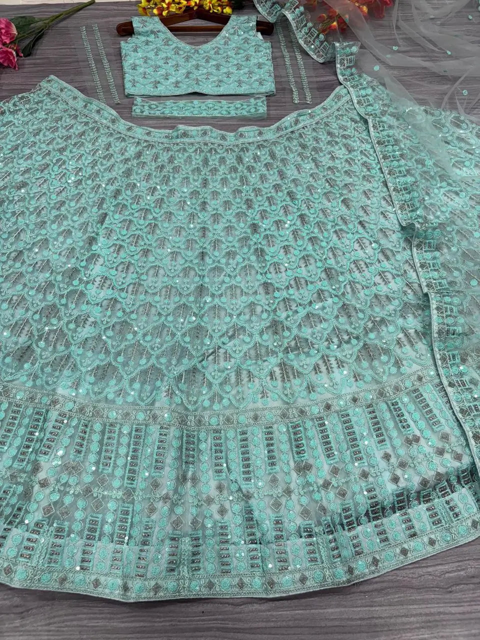 Greyish Teal Blue Net Lehenga With Heavy Embroidery Sequins Work Coding Work