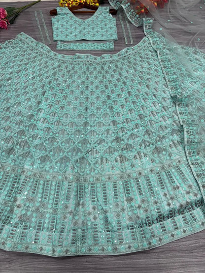 Greyish Teal Blue Net Lehenga With Heavy Embroidery Sequins Work Coding Work