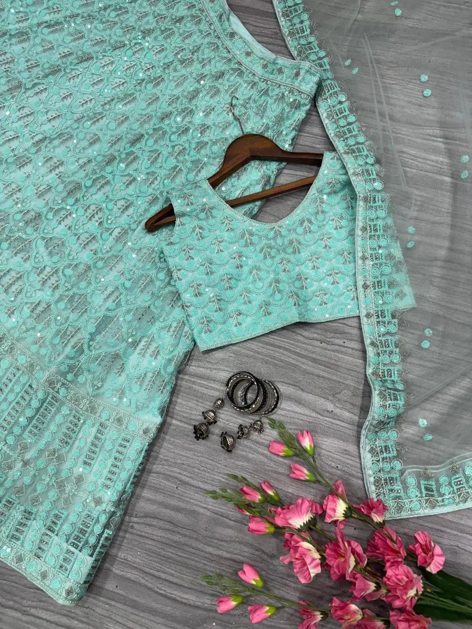 Greyish Teal Blue Net Lehenga With Heavy Embroidery Sequins Work Coding Work
