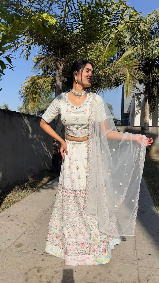 White Georgette Lehenga With Multi Color Thread Embroidery Dori And Sequins Work