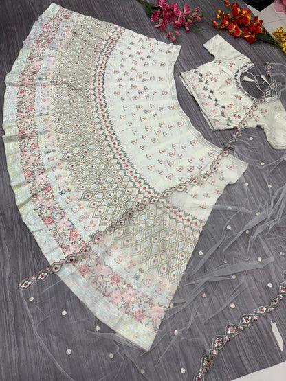 White Georgette Lehenga With Multi Color Thread Embroidery Dori And Sequins Work