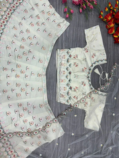 White Georgette Lehenga With Multi Color Thread Embroidery Dori And Sequins Work