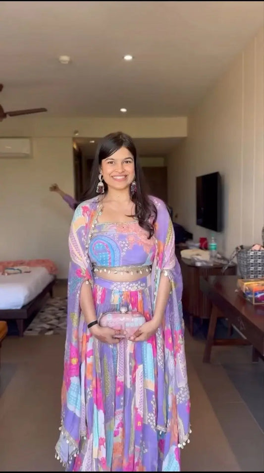 Lavender Chinon Silk  Lehenga With Floral Print With Koti Style Dupatta With Lace