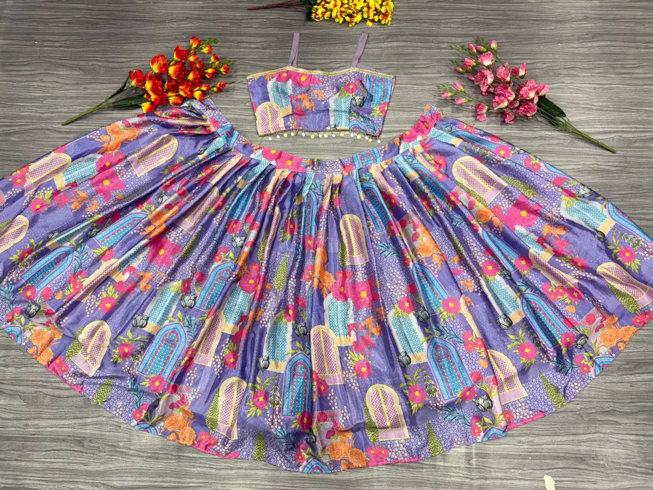 Lavender Chinon Silk  Lehenga With Floral Print With Koti Style Dupatta With Lace