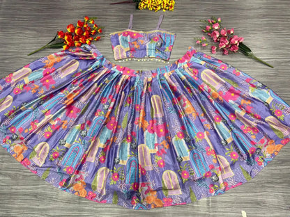 Lavender Chinon Silk  Lehenga With Floral Print With Koti Style Dupatta With Lace