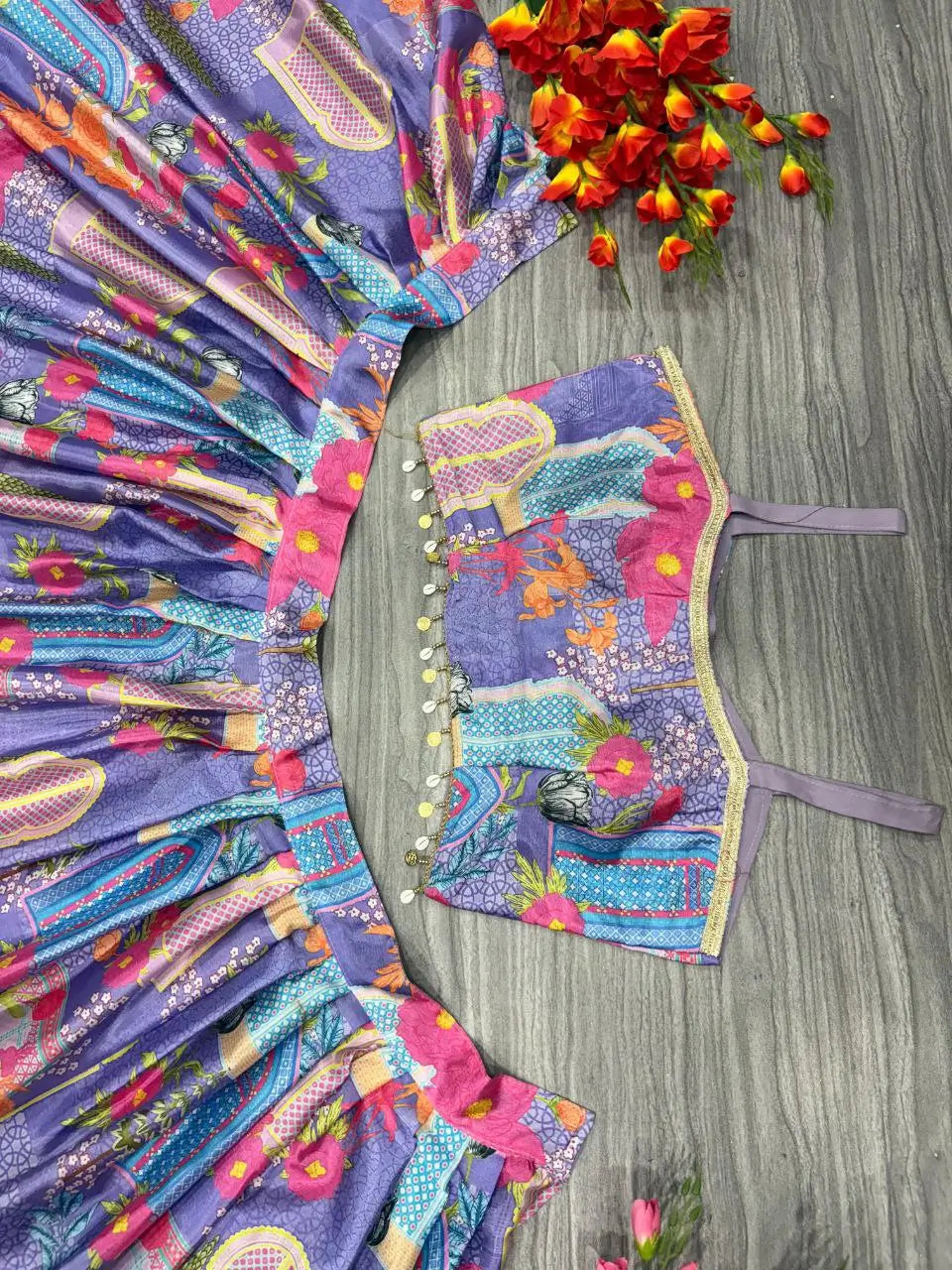 Lavender Chinon Silk  Lehenga With Floral Print With Koti Style Dupatta With Lace