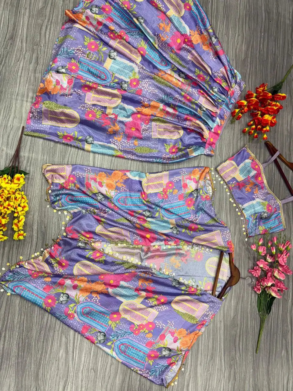 Lavender Chinon Silk  Lehenga With Floral Print With Koti Style Dupatta With Lace