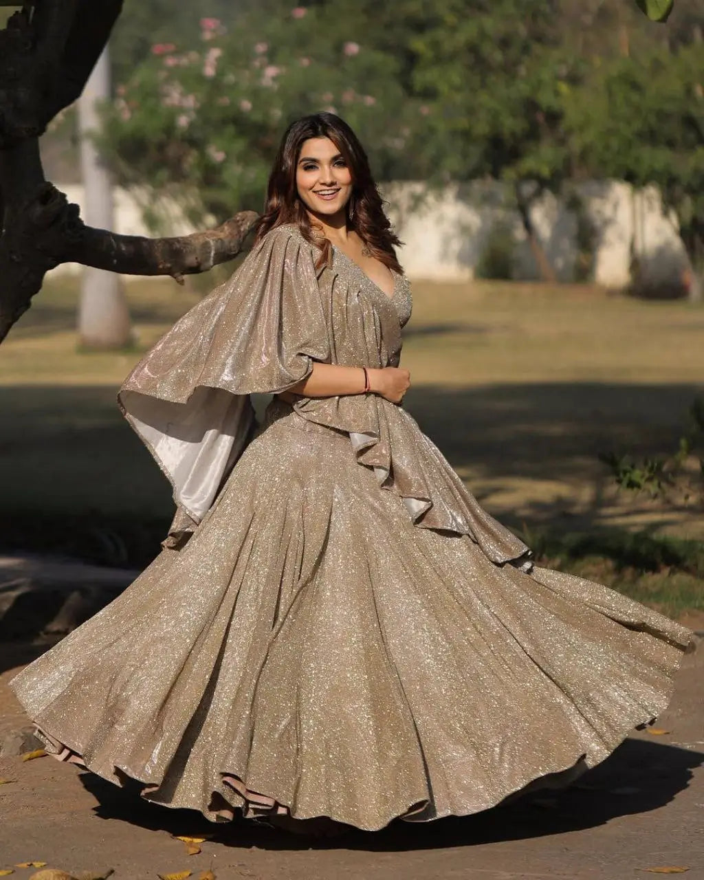 Gold And Silver Shining China Silk Lehenga With Fancy Ruffle Layer Dupatta