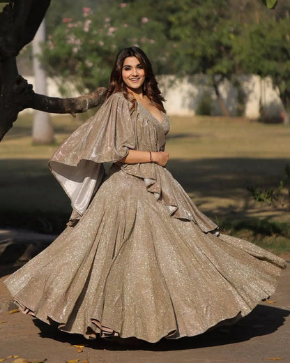 Gold And Silver Shining China Silk Lehenga With Fancy Ruffle Layer Dupatta