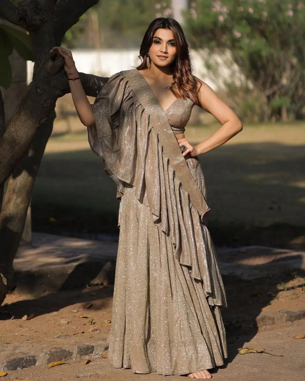 Gold And Silver Shining China Silk Lehenga With Fancy Ruffle Layer Dupatta