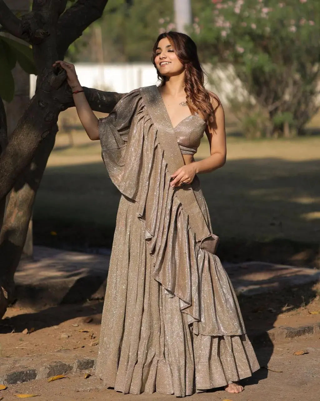 Gold And Silver Shining China Silk Lehenga With Fancy Ruffle Layer Dupatta