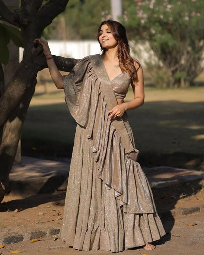 Gold And Silver Shining China Silk Lehenga With Fancy Ruffle Layer Dupatta