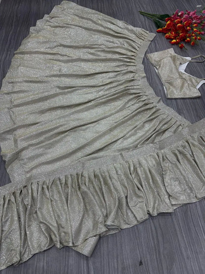 Gold And Silver Shining China Silk Lehenga With Fancy Ruffle Layer Dupatta