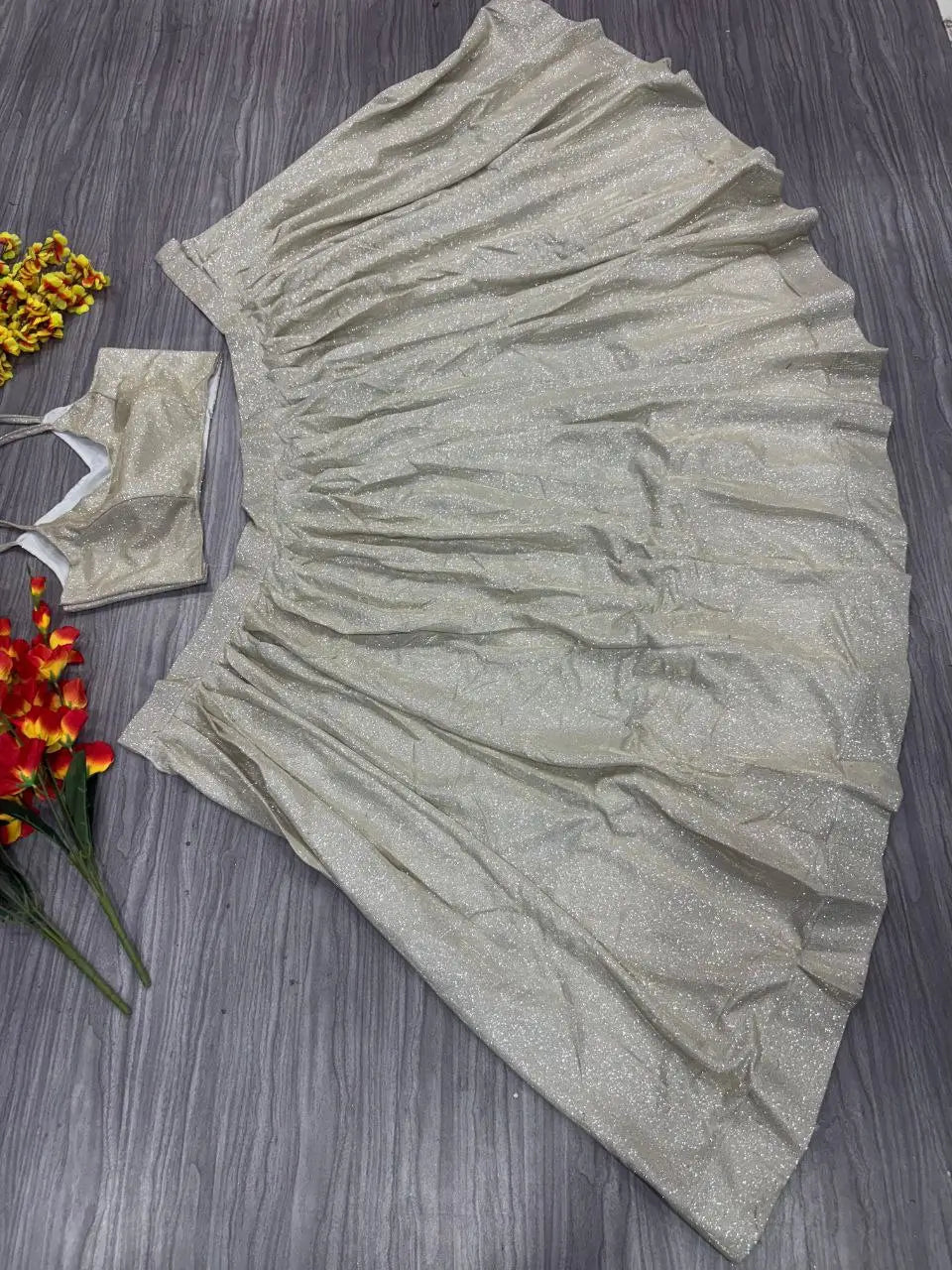 Gold And Silver Shining China Silk Lehenga With Fancy Ruffle Layer Dupatta