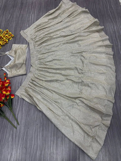 Gold And Silver Shining China Silk Lehenga With Fancy Ruffle Layer Dupatta