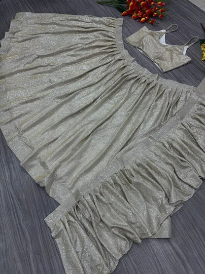 Gold And Silver Shining China Silk Lehenga With Fancy Ruffle Layer Dupatta