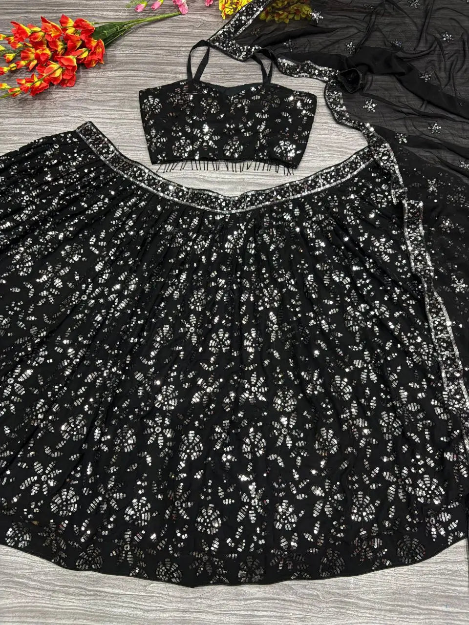 Black Georgette lehenga Embellished With Embroidery And Heavy Sequins Work