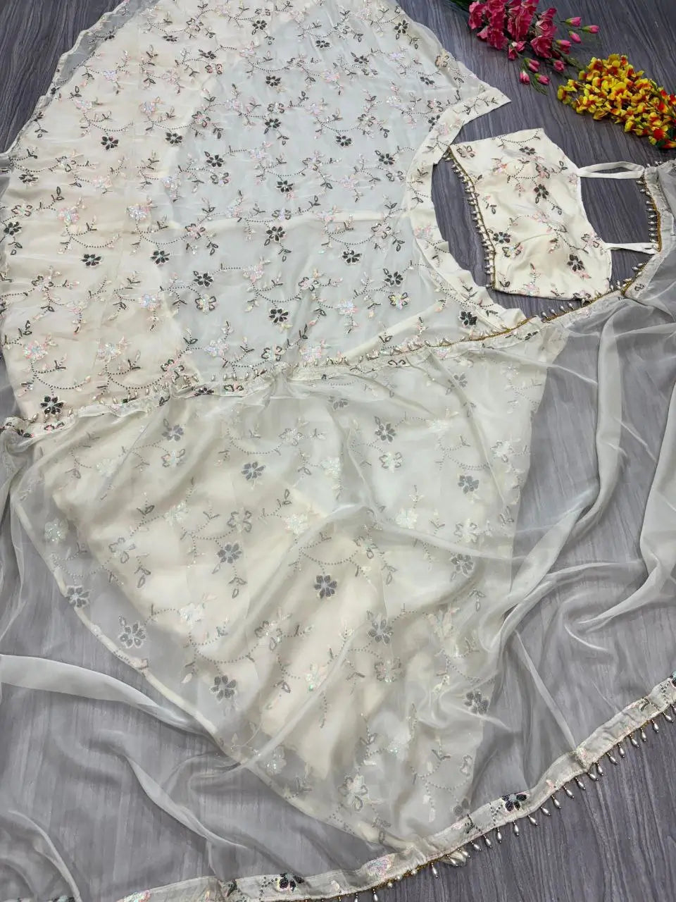 Silver Sand Silk Lehenga With Thread Embroidery With Rainbow Sequins Work