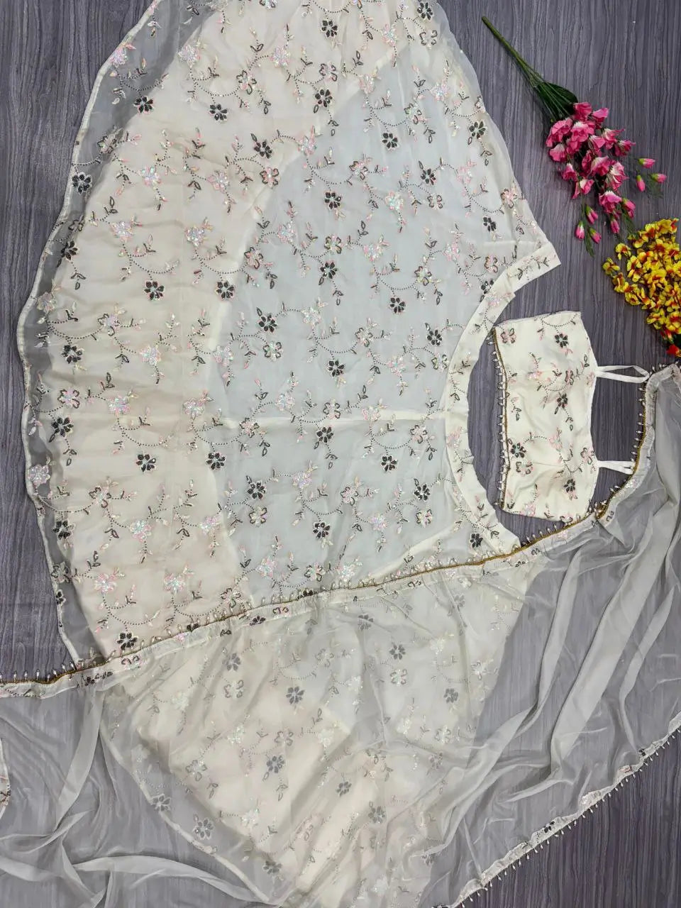 Silver Sand Silk Lehenga With Thread Embroidery With Rainbow Sequins Work