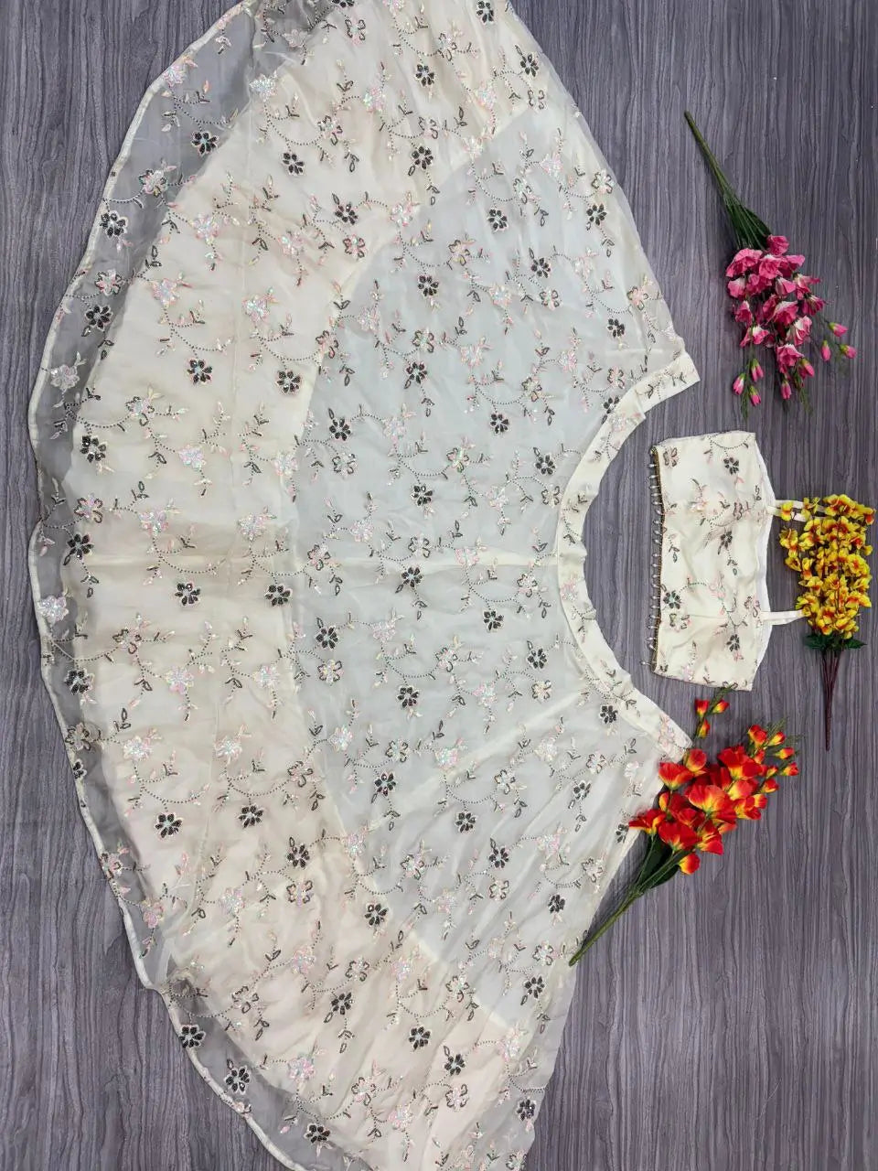 Silver Sand Silk Lehenga With Thread Embroidery With Rainbow Sequins Work