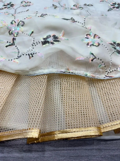 Silver Sand Silk Lehenga With Thread Embroidery With Rainbow Sequins Work