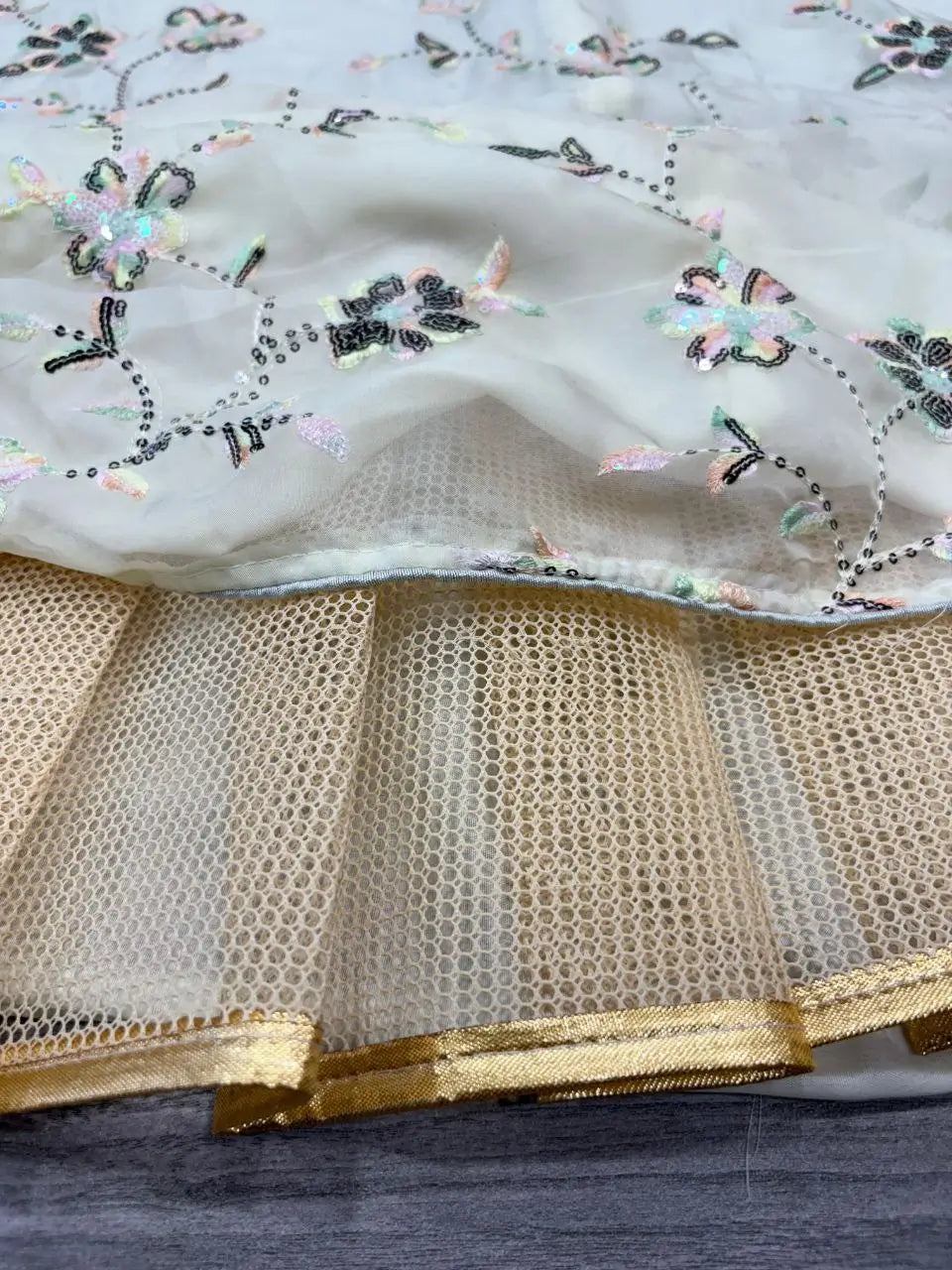 Silver Sand Silk Lehenga With Thread Embroidery With Rainbow Sequins Work