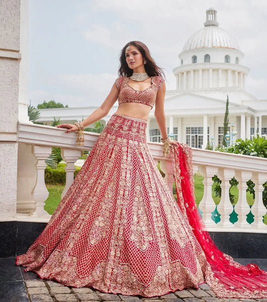 Red Designer Lehenga With Embroidery Dori Coding Zari Work And Heavy Sequins Work