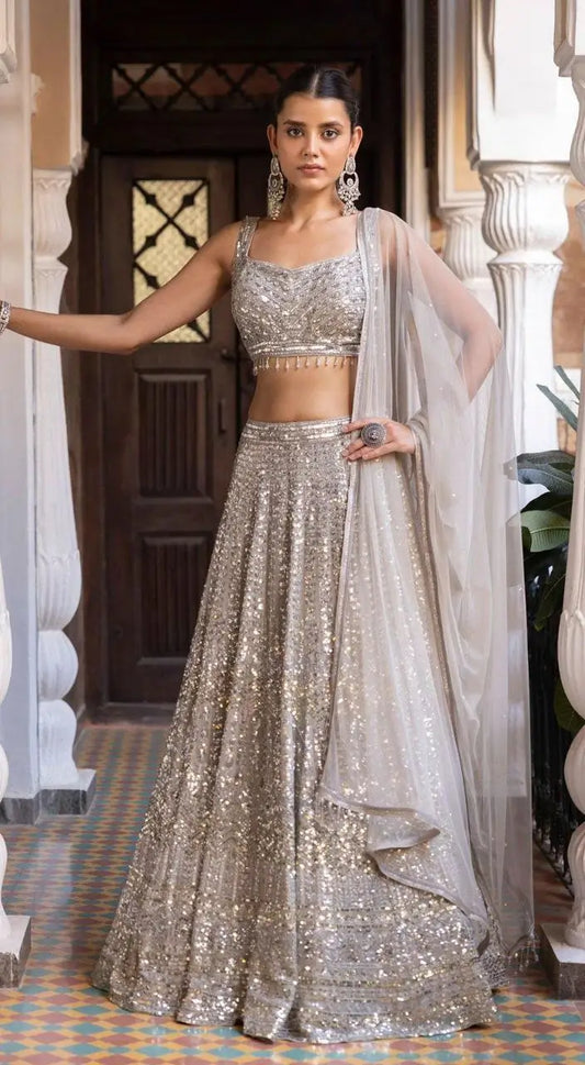 Silver Silk Lehenga With Beautiful Embroidery Zari And Heavy Sequins Work