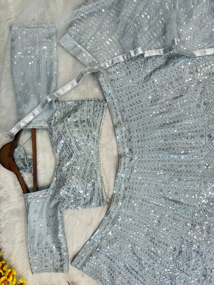 Silver Silk Lehenga With Beautiful Embroidery Zari And Heavy Sequins Work
