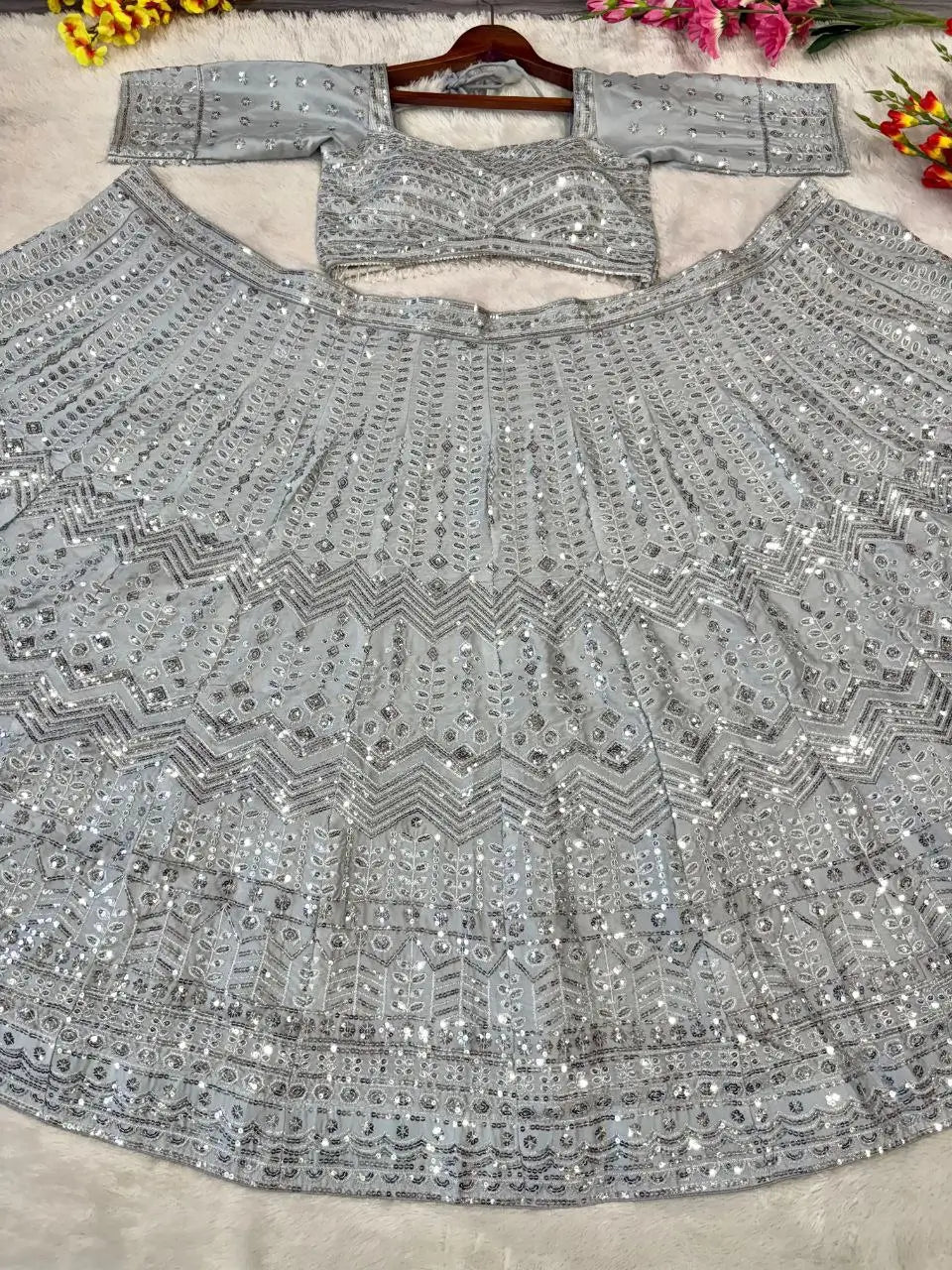 Silver Silk Lehenga With Beautiful Embroidery Zari And Heavy Sequins Work