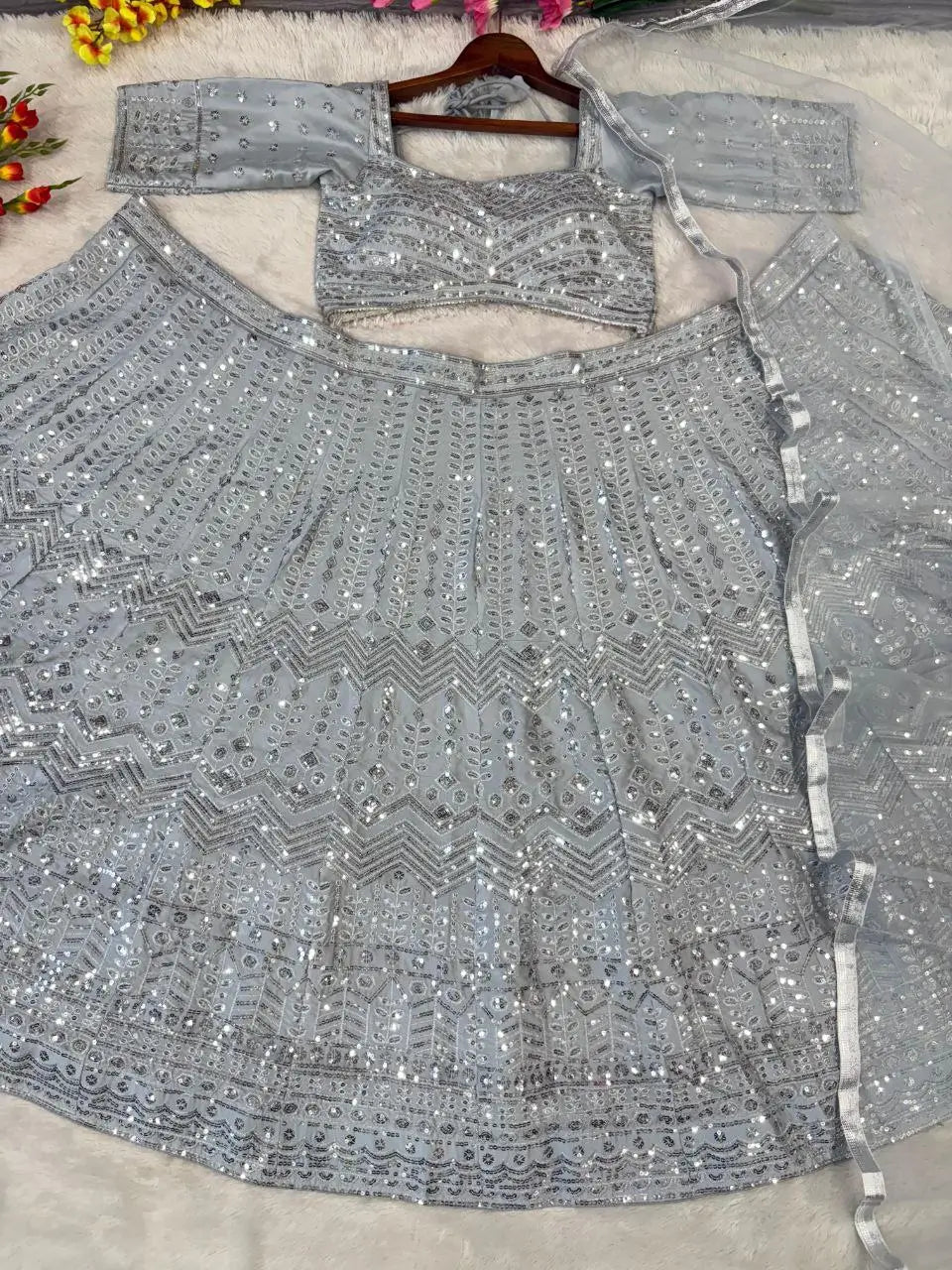 Silver Silk Lehenga With Beautiful Embroidery Zari And Heavy Sequins Work