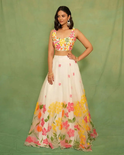 White Multi Color Silk Lehenga With Beautiful Floral Digital Print