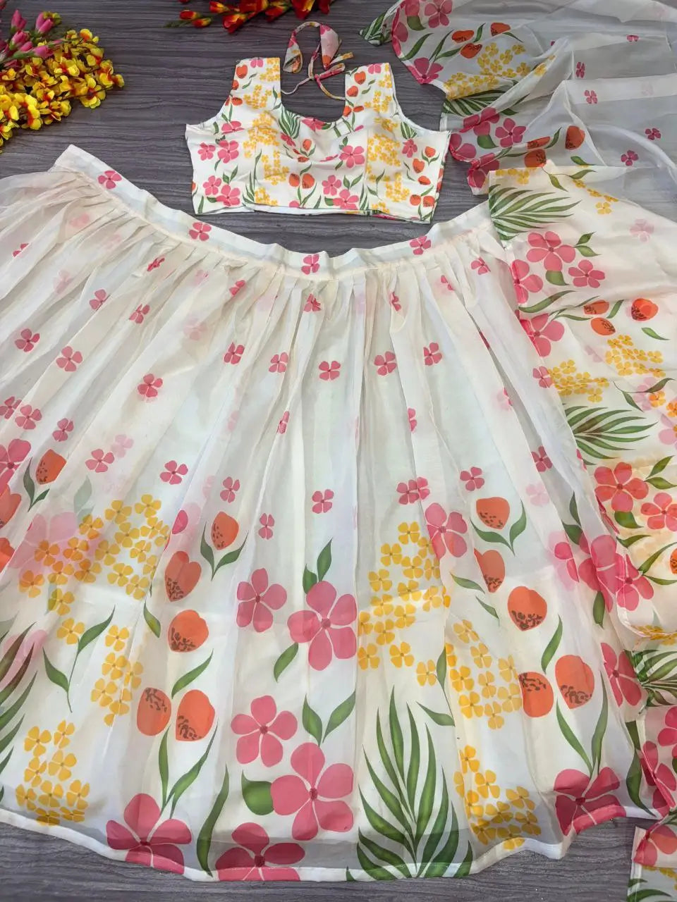 White Multi Color Silk Lehenga With Beautiful Floral Digital Print