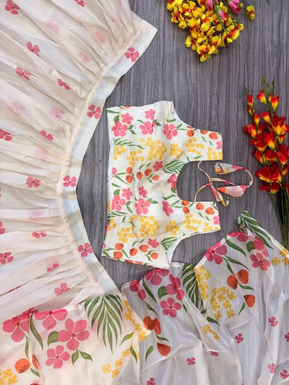 White Multi Color Silk Lehenga With Beautiful Floral Digital Print