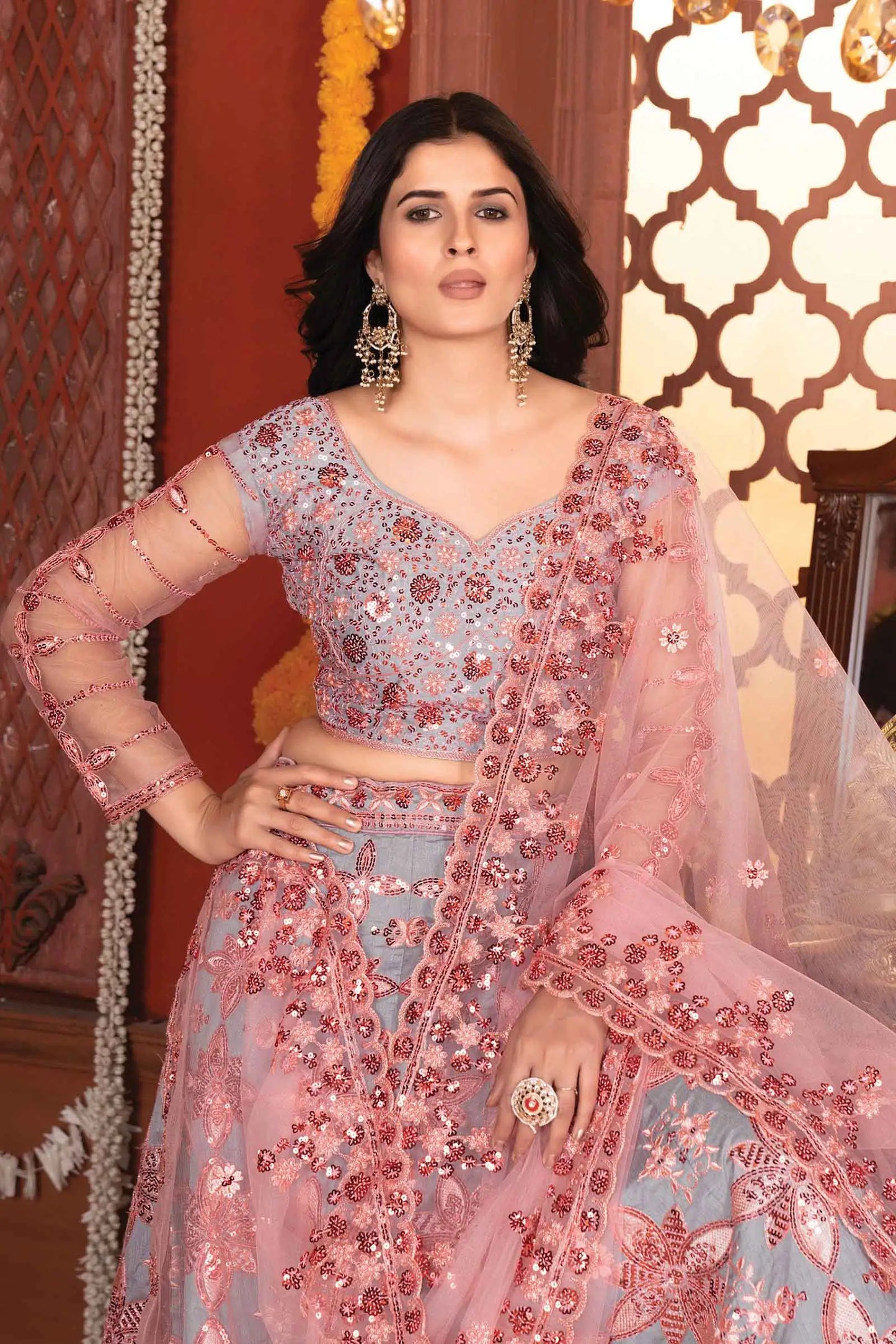 Grey And Peach Mulberry Silk Lehenga With Thread Sequins Embroidery Work